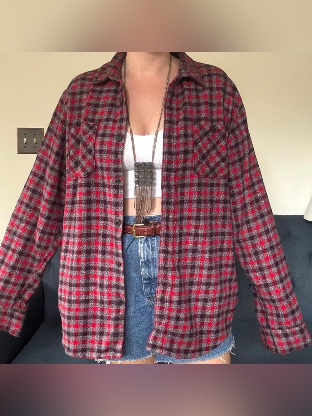 Ruff Hewn red, grey, and black plaid flannel button up shirt